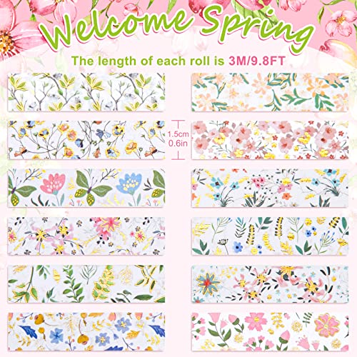 12 Rolls Spring Floral Washi Tapes Foil Gold Colorful Flowers Masking Tape 0.6 Inch Watercolor Plants Spring Decorative Washi Tape Sticker for Holiday Scrapbook Journal DIY Craft Gift Wrapping (117.6 Foot)