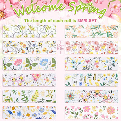 12 Rolls Spring Floral Washi Tapes Foil Gold Colorful Flowers Masking Tape 0.6 Inch Watercolor Plants Spring Decorative Washi Tape Sticker for Holiday Scrapbook Journal DIY Craft Gift Wrapping (117.6 Foot)