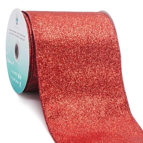 Glitter Wired Ribbon 4" x 10 Yards Red for Christmas Home Decor Bow Gift Wrapping DIY Crafts Wreath (30 Foot)
