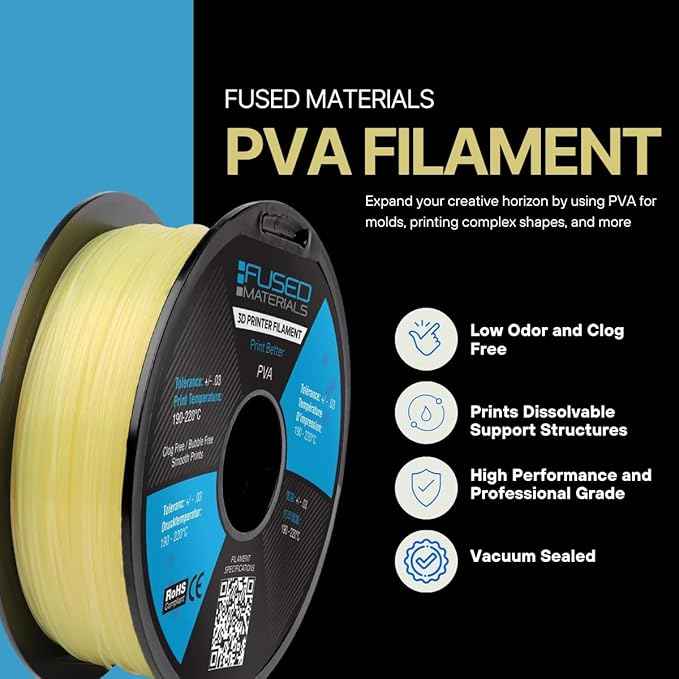 Fused Materials PVA Filament 1.75mm – Water-Soluble Support Material for 3D Printing – Compatible with Bambu Lab, Polymaker, Overture, and More – Works with PLA, PETG, Nylon, ABS – Clear & Transparent