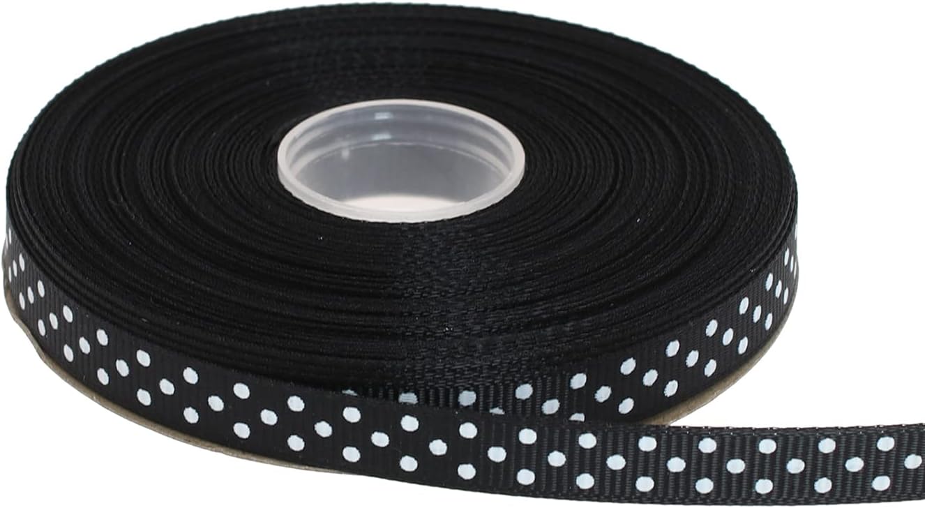 Polka Dot Grosgrain Ribbon 25 Yard Each Roll 100% Polyester (3/8", Black) - Crafty Corner