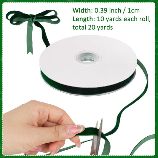 Dark Green Velvet Ribbon, 0.39 Inch x 20 Yards Single Faced Green Ribbon for Gift Wrapping, Bow Making, Christmas Tree Decorations, Wreath Making and DIY Crafts (10 Yards Each Roll) - Crafty Corner