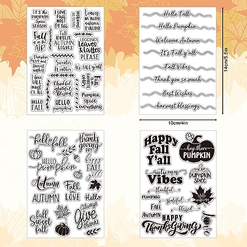 4 Sheet Fall Thanksgiving Words Clear Stamps Greeting Words Pumpkin Maple Leaves Silicone Transparent Stamps Happy Fall Stamp Cards for DIY Craft Card Making Scrapbooking Embossing Album Decor (4 Count)