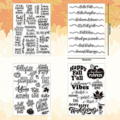4 Sheet Fall Thanksgiving Words Clear Stamps Greeting Words Pumpkin Maple Leaves Silicone Transparent Stamps Happy Fall Stamp Cards for DIY Craft Card Making Scrapbooking Embossing Album Decor (4 Count)