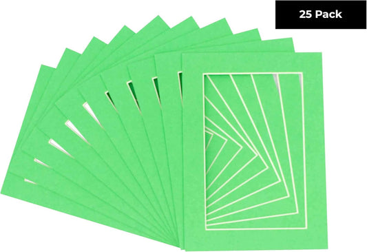 Pack of 25 Acid Free 8.5x11 Mats Bevel Cut for 7x9 Photos - Bright Green Precut Matboards With Backing Boards and Clear Photo Mat Bags For Pictures, Photos, Framing - 4-ply Thickness