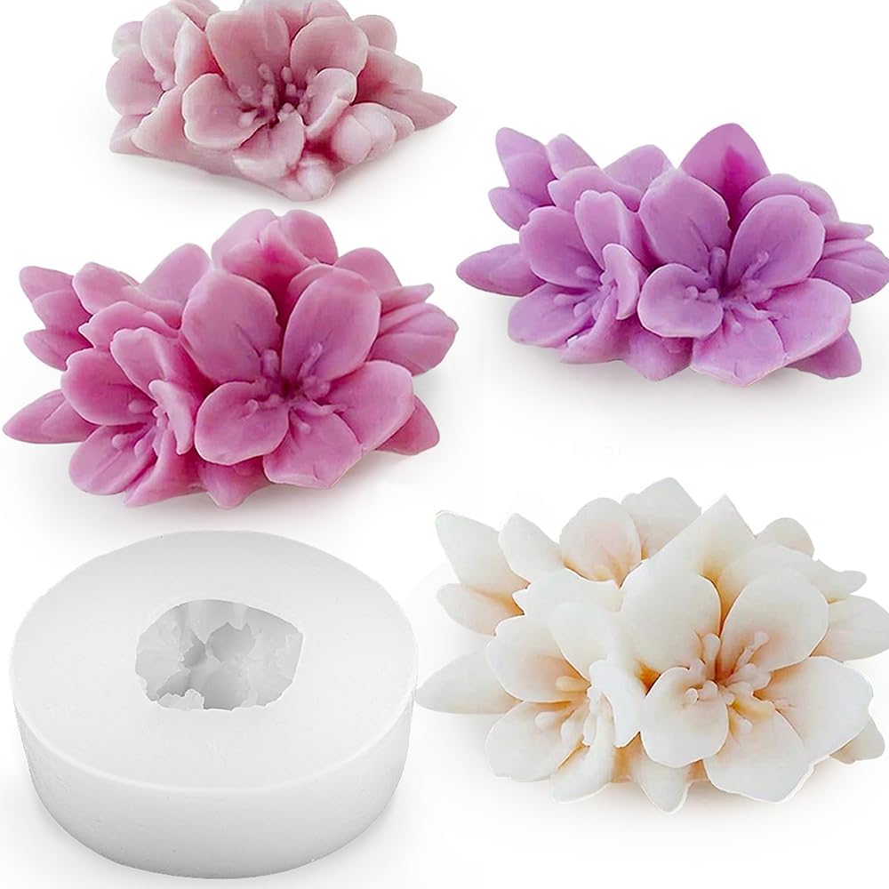 3D Cherry Blossom Candle Mold Scented Candles Flower Silicone Molds for Resin DIY Epoxy Gypsum Crafts Handmade Soap Candle Making Supplies Chocolate Pastry Fondant Cake Decoration Floral Silicone Mold