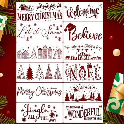 Christmas Doormat Stencils Christmas Stencils for Crafts Reusable (12 Count)