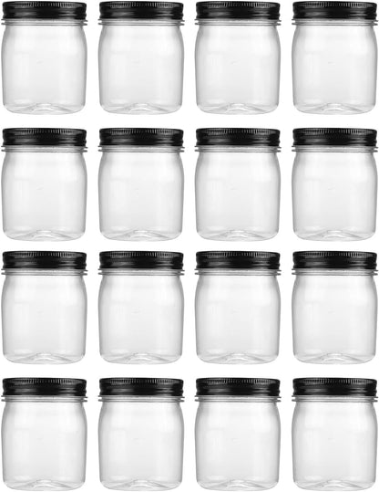 novelinks 8 oz Clear Plastic Jars with Screw-On Lids - BPA-Free Refillable Storage Containers for Slime, Spices, Crafts, Kitchen & Home Organization (16 Pack,Black)