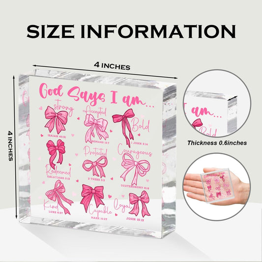 Positive Affirmation Bible Verse Desk Decor Acrylic Sign 4X4 Inch, Preppy Coquette Pink Bow Desk Decorative Signs for Shelf Tabletop Cubicle Room Office, Christian Gifts for Women Men Friends