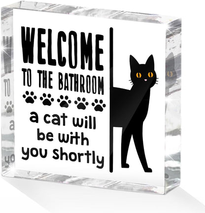 Funny Cat Bathroom Decor Acrylic Decorative Signs 4x4 Inch, Humorous Decorations for Bathroom Home Shelf Toilet, Gag Cat Lover Gifts for Women Men Friends