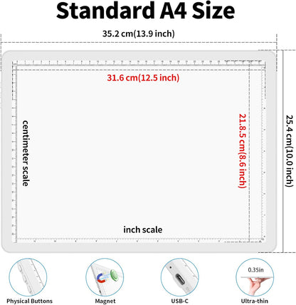 Phylosal Rechargeable A4 Light Pad with Carry Bag, Ultra-Thin Magnetic Tracing Light Box for Drawing, Diamond Art Painting Light Board with Side Button, Super Bright Light Table for Sketching (White)