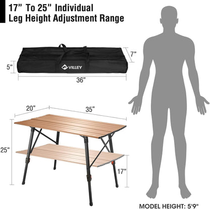 VILLEY Portable Camping Table with Adjustable Legs, Lightweight Aluminum Folding Beach Table with Carrying Bag for Outdoor Cooking, Picnic, Beach, Backyards, BBQ and Party