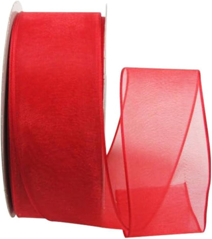 Ribbon Bazaar Sheer Organza Wired Ribbon - 100% Polyester Wire Edged Ribbon for Floral Decor, Table Arrangements, Apparel Embellishment & More - 1-1/2" Red 25yd - Crafty Corner