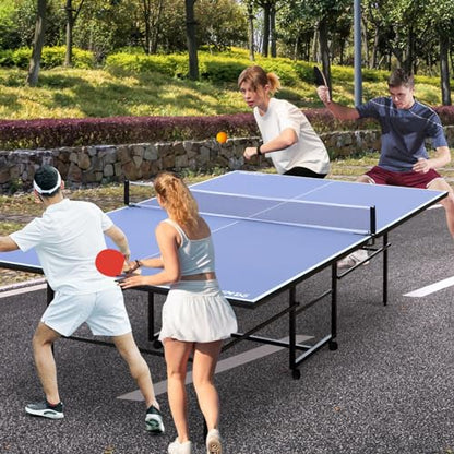 8ft/9ft Mid-Size Table Tennis Table Foldable & Portable Ping Pong Table Set for Indoor Games with Net, 2 Table Tennis Paddles and 3 Balls (7 Count)