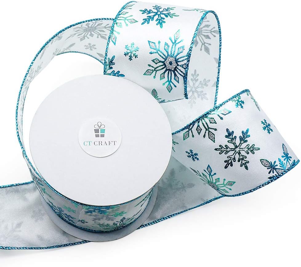 CT CRAFT LLC Satin with Blue Snowflake Wired Ribbon 2.5 Inch x 10 Yards for Christmas Home Decor Tree Topper Bow Gift Wrapping DIY Crafts Wreath Garland - Crafty Corner