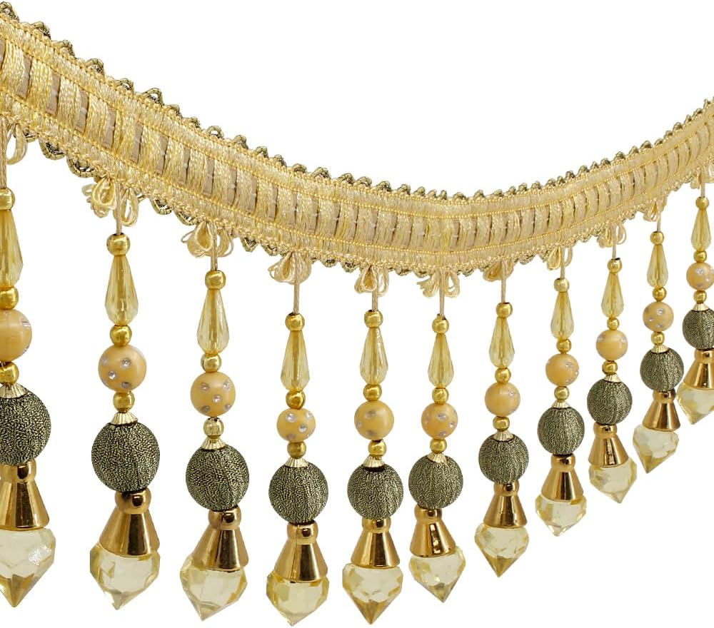 3yards Beading Fringe Trimming Long Beads Tassel Curtain Trim Ribbon Trim for Cover Edge Decorative (Gold) - Crafty Corner