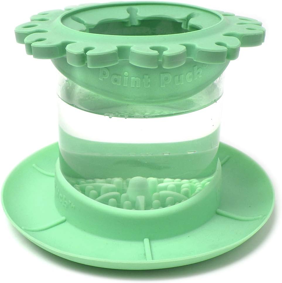 Paint Puck Ultimate Rinse Cup Paint Brush Cleaner (Green, Mug) – Non-Spill Paint Water Cup & Brush Cleaner with Brush Holder, Squeegee Lips & Drip Tray for Acrylic, Watercolor & Art Supplies