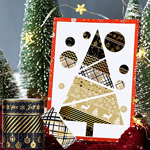 12 Rolls Christmas Washi Tape Black Gold Xmas Washi Masking Tape Foil Gold Snowflake Xmas Tree Xmas Tree Ball Plaid Pattern Decorative Tape for Scrapbook Journal DIY Craft Gift Wrapping (117.6 Foot)