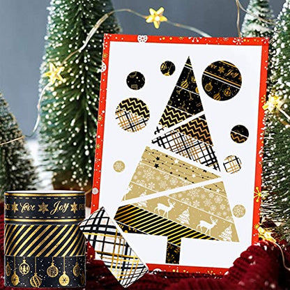 12 Rolls Christmas Washi Tape Black Gold Xmas Washi Masking Tape Foil Gold Snowflake Xmas Tree Xmas Tree Ball Plaid Pattern Decorative Tape for Scrapbook Journal DIY Craft Gift Wrapping (117.6 Foot)