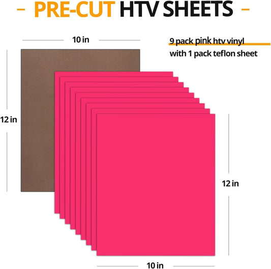 HTVRONT Pink Heat Transfer Vinyl Bundle - 10 Pack 12" x 10" HTV Vinyl for T-Shirt, Neon Pink Iron on Vinyl for All Cutting Machine or Heat Press Machine