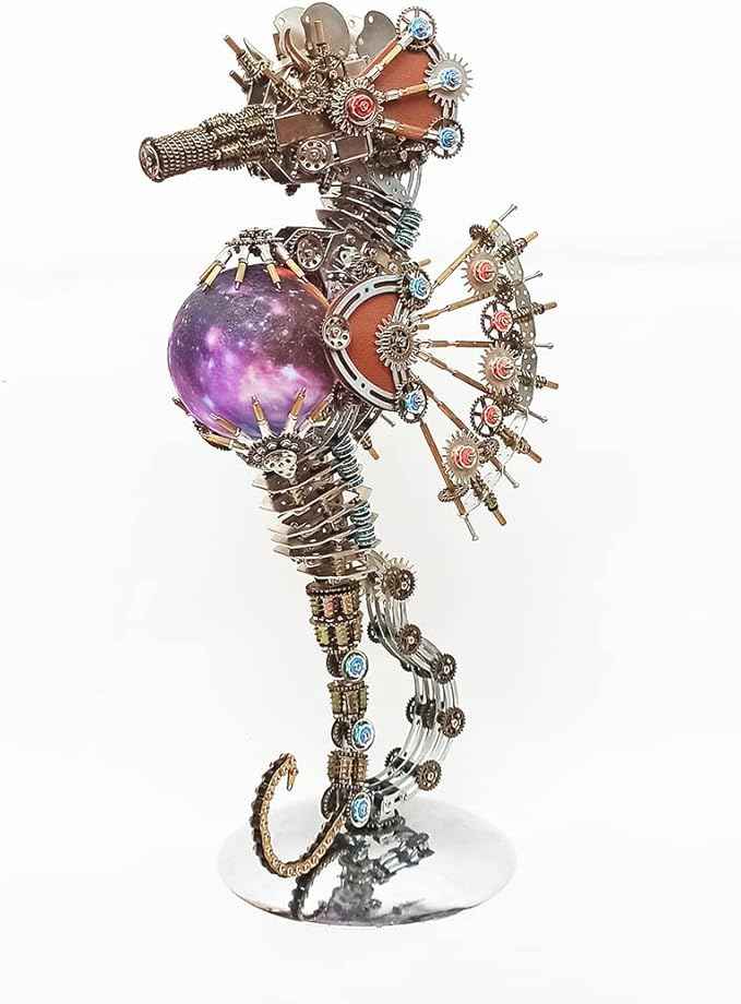 Meatalkitor 3D Puzzle Steampunk Seahorse Lamp - 2100PCS Metal Mechanical Model Kit with 16 Color Planet Light - Perfect Room Decor and Gift Choice (Planet LAMP)