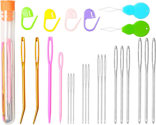 Hekisn 25Pcs Large Eye Blunt Yarn Needles kit, Assorted Sizes Bent Tapestry Darning Needle, Sewing Needles with Needle Threaders & Stitch Markers for Knitting Crochet (Orange)