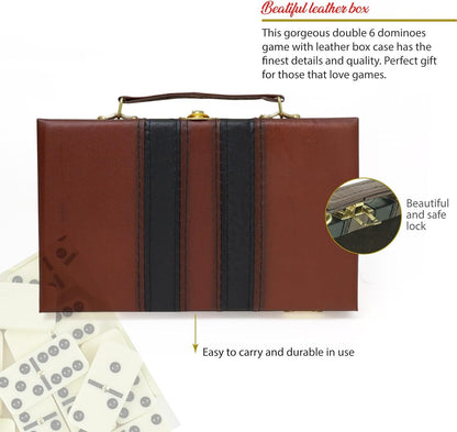 ERLLE - Premium Double 6 Dominoes Set, Classic Domino Game with Leather Case, Domino Set for Adults & Kids, Durable, Travel-Friendly, and Easy to Read Tiles