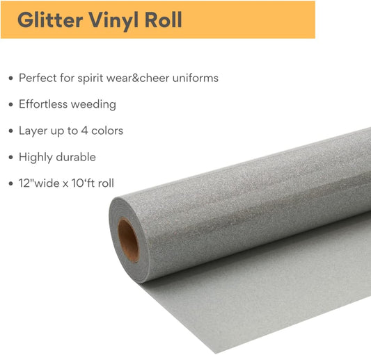 Silver Glitter HTV Roll -12" x10ft Iron on Heat Transfer Vinyl for DIY Shirts Gifts
