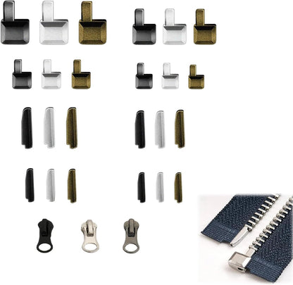48pcs Zipper Head Slider, Zipper Latch Slider Retainer, 4 Sizes 3 Color Zippers Bottom Sliders Retainer Insertion Pin with 3pcs Zippers Latch for DIY Sewing Replacement Repair Kit