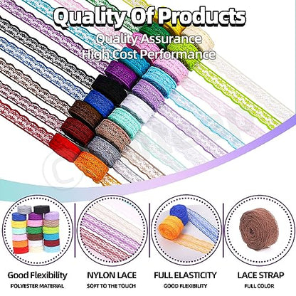 20 Rolls of 2.2cm x 10 Yards Colorful Lace Ribbon (600 Foot)