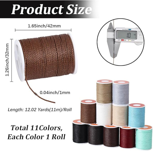 11 Rolls 132 Yards 1MM Round Waxed Thread Mixed Color Beading Rope Twist Wax Polyester Cord String Taiwan Sturdy Threads for Jewelry Making Bracelets Neckalces Waist Macrame Decor Supplies
