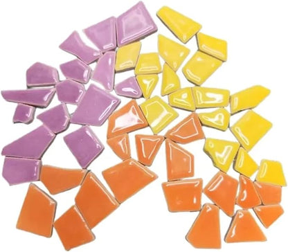 Mosaic Tiles 200g/7.05oz(Approx. 155-170pcs) Porcelain Mosaic Tiles 1-2.5cm 0.4mm Thickness Ceramic Mosaic Stones DIY Mosaic Craft Material(Purp-Yello-redorange)