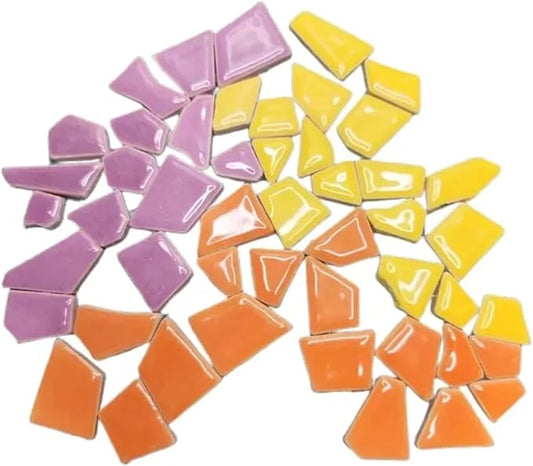 Mosaic Tiles 200g/7.05oz(Approx. 155-170pcs) Porcelain Mosaic Tiles 1-2.5cm 0.4mm Thickness Ceramic Mosaic Stones DIY Mosaic Craft Material(Purp-Yello-redorange)