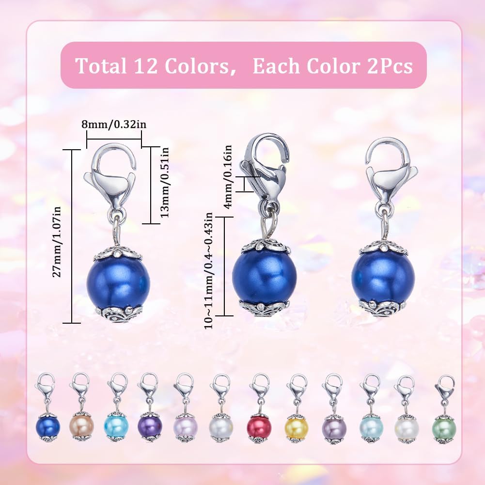 SUNNYCLUE 1 Box 24Pcs Locking Stitch Marker Knitting Markers Charms Glass Pearl Locking Stitch Markers Lobster Claw Clasps Knitting Charms for Knitting Weaving Sewing Needleworks Women Adult DIY Craft