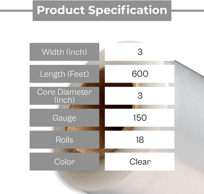PSBM Mini Stretch Wrap with Handle, 18 Pack, 3 Inch x 600 Feet, 150 Gauge, Clear, Small Plastic Cling Film for Pallets Moving Storing