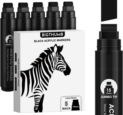 Black Poster Markers Jumbo: 5 Pcs 15mm Wide Tip Thick Acrylic Paint Pen Large Permanent Calligraphy Markers for Rock Painting, Stone, Poster, Canvas, Glass, Wood, Ceramic