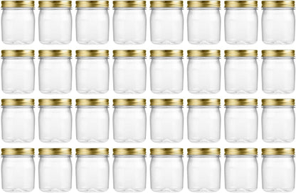 novelinks 8 oz Clear Plastic Jars with Screw-On Lids - BPA-Free Refillable Storage Containers for Slime, Spices, Crafts, Kitchen & Home Organization (32 Pack,Gold)