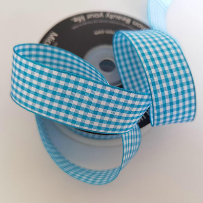 1 Inch Vivid Blue and White Woven Edge Plaid Ribbon Polyester Gingham Ribbon 25 Yards Each Roll