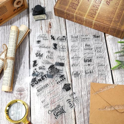 4 Sheet 2026 Graduation Words Clear Stamps Congrats Grad Cap Silicone Transparent Stamps Border Stamp Cards for DIY Craft Card Making Scrapbooking Embossing Album Decor (4 Count)