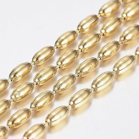 LiQunSweet 32.8 Feet(10m) 304 Stainless Steel Oval Beaded Chains with Spool Link Necklace Chain Golden Necklace Chain Roll for Jewelry Making - 3.5x1.5mm