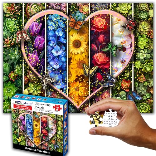 Colorful Flowers Succulents & Butterflies 500 Pieces Very Large Pieces Jigsaw Puzzle for 13+ Adults & Seniors. Beautiful Vibrant Heart Valentine's Day Illustration 26.8” X 18.9”