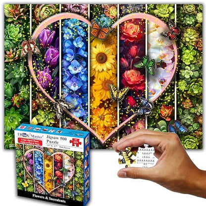 Colorful Flowers Succulents & Butterflies 500 Pieces Very Large Pieces Jigsaw Puzzle for 13+ Adults & Seniors. Beautiful Vibrant Heart Valentine's Day Illustration 26.8” X 18.9”