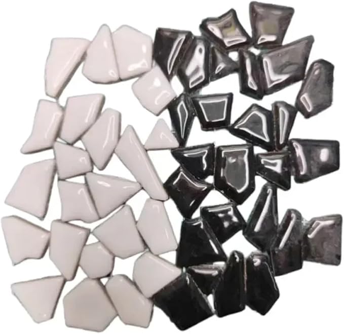 Mosaic Tiles 200g/7.05oz(Approx. 155-170pcs) Porcelain Mosaic Tiles 1-2.5cm 0.4mm Thickness Ceramic Mosaic Stones DIY Mosaic Craft Material(White Black Mix)