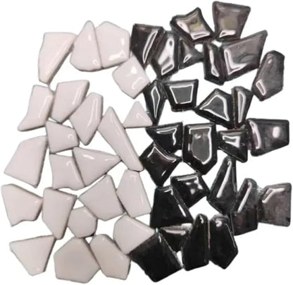 Mosaic Tiles 200g/7.05oz(Approx. 155-170pcs) Porcelain Mosaic Tiles 1-2.5cm 0.4mm Thickness Ceramic Mosaic Stones DIY Mosaic Craft Material(White Black Mix)