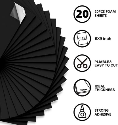 MEARCOOH 20-Pack Self Adhesive Foam Sheets, Black 2mm Sticky Eva Foam Paper 6x9 Inch for Crafts
