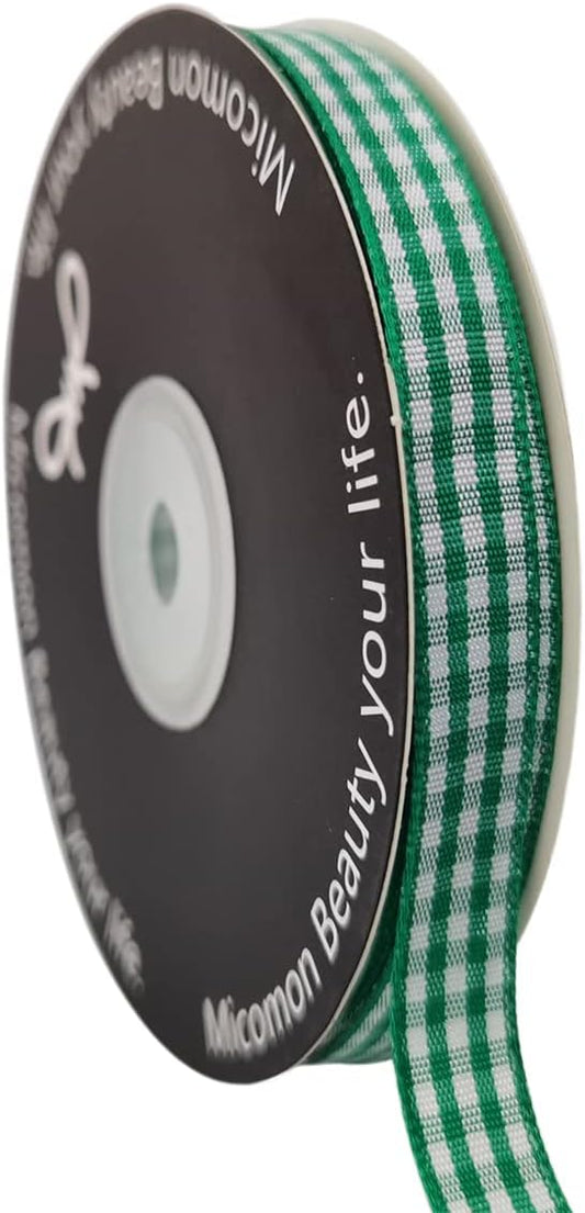 Green Gingham Plaid Checked Christmas Ribbon 25 Yard Each Roll 100% Polyester (3/8", Green) - Crafty Corner