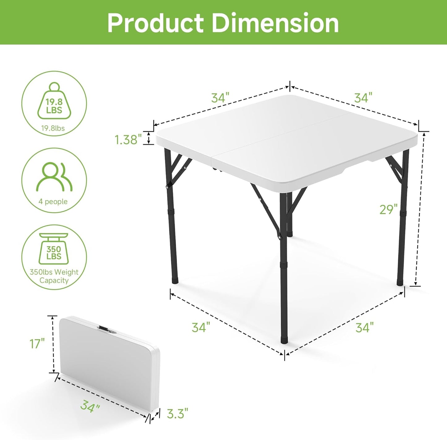 Real Relax Folding Table, 34" Square Portable Card Table with Handle and Removable Legs for Indoor Outdoor Picnic Party BBQ Camping Wedding,White