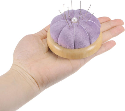 HARFINGTON Wooden Base Pin Cushion Japanese Style Cute Needle Holder Pincushions Round for Sewing Quilting Needlework DIY Crafts, Dark Blue