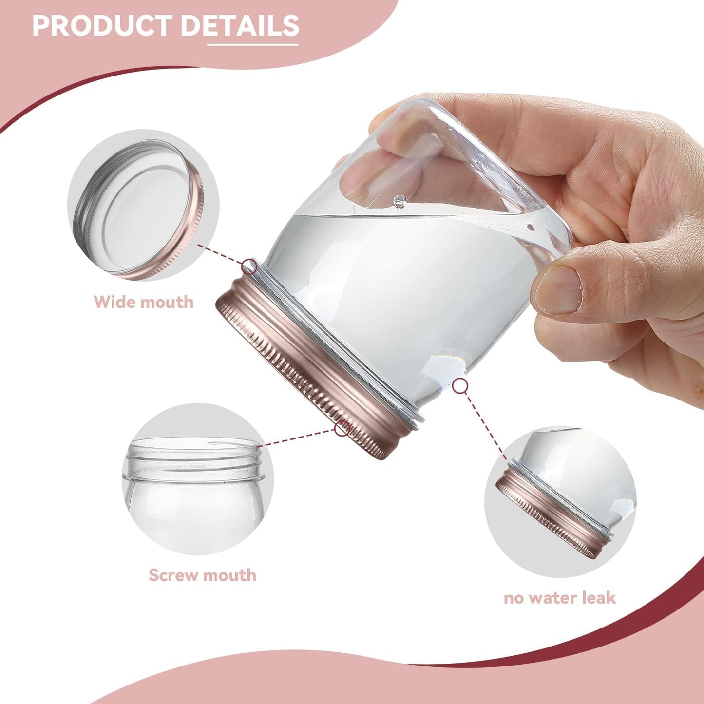 novelinks 8 oz Clear Plastic Jars with Screw-On Lids - BPA-Free Refillable Storage Containers for Slime, Spices, Crafts, Kitchen & Home Organization (48 Pack,Rose Gold)
