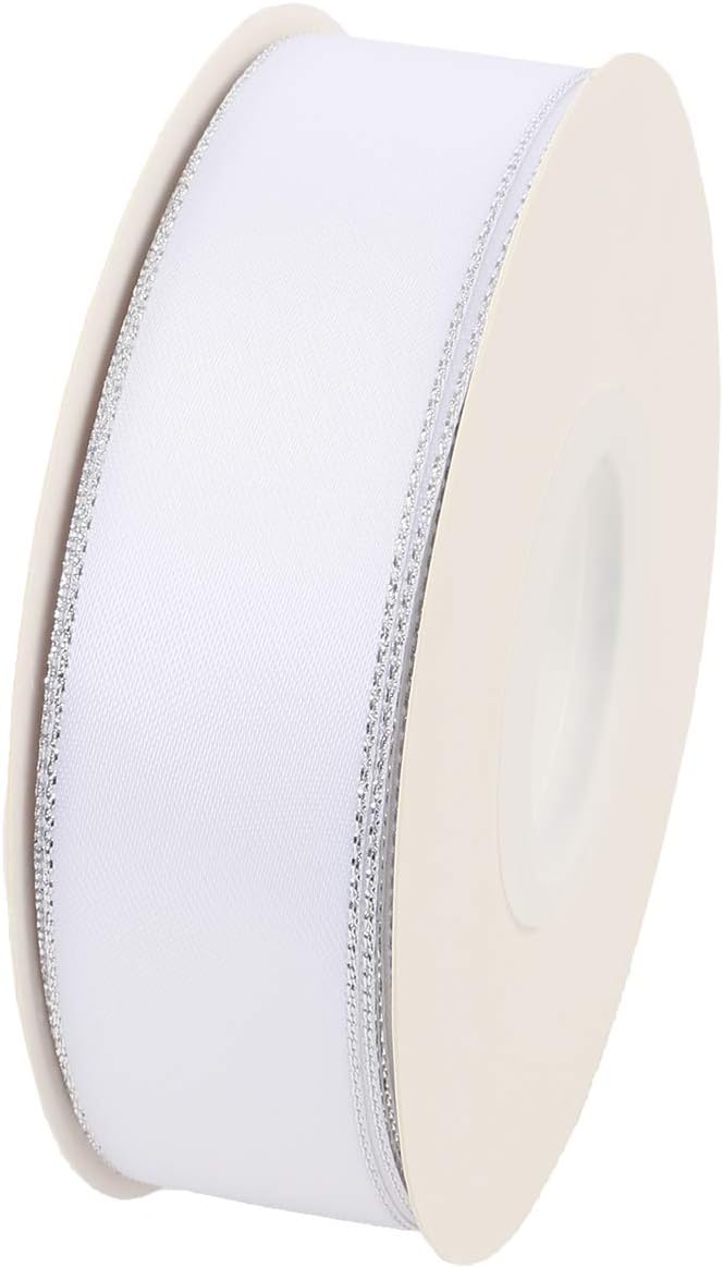 ITIsparkle 1" Inch Double Faced Satin Ribbon 25 Yards with Silver Edges, 1" X 25Yd - White - Crafty Corner